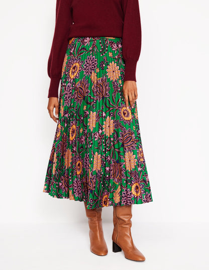 Camilla Pleated Midi Skirt-Rich Emerald, Ornate Bud