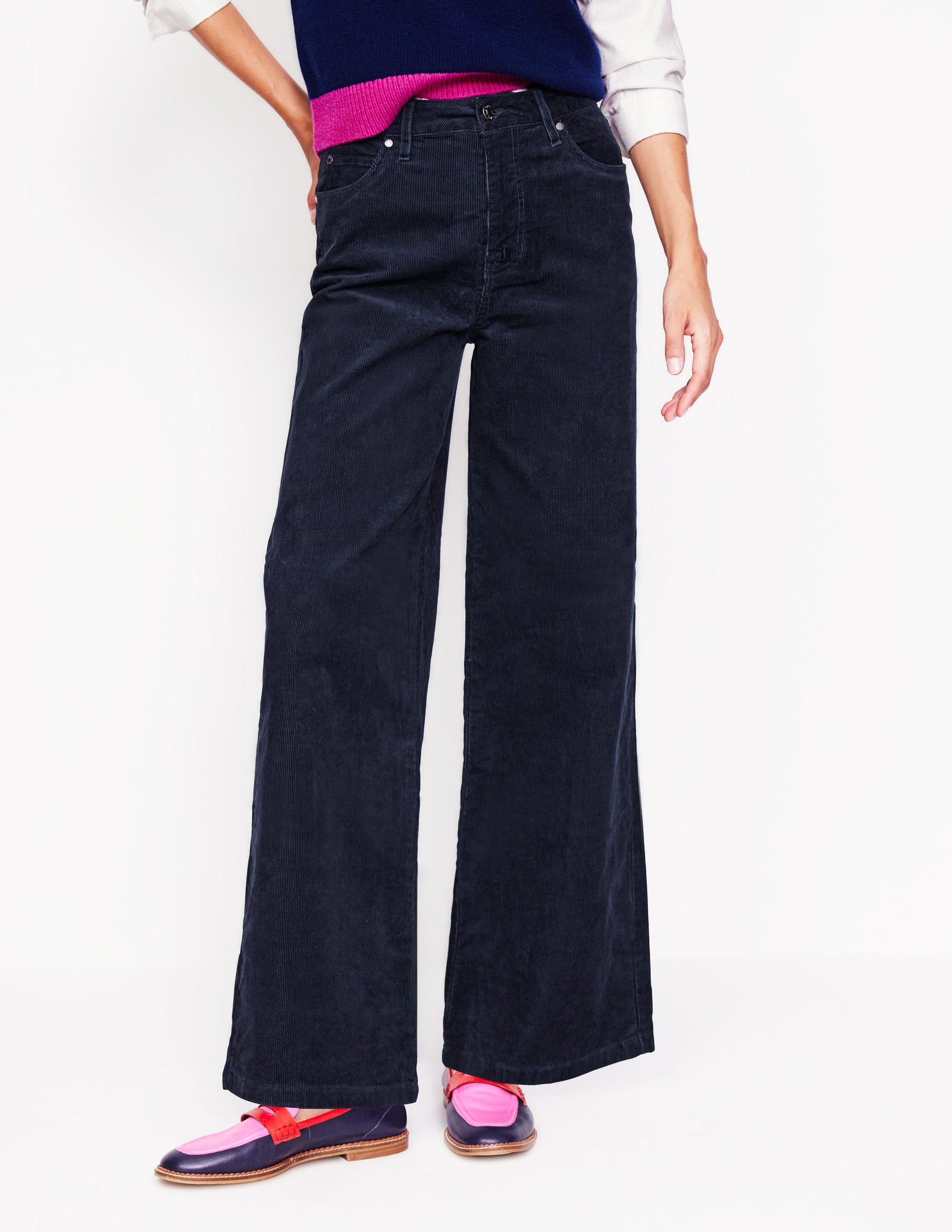 5 Pocket Cord Wide Jeans-Navy-4