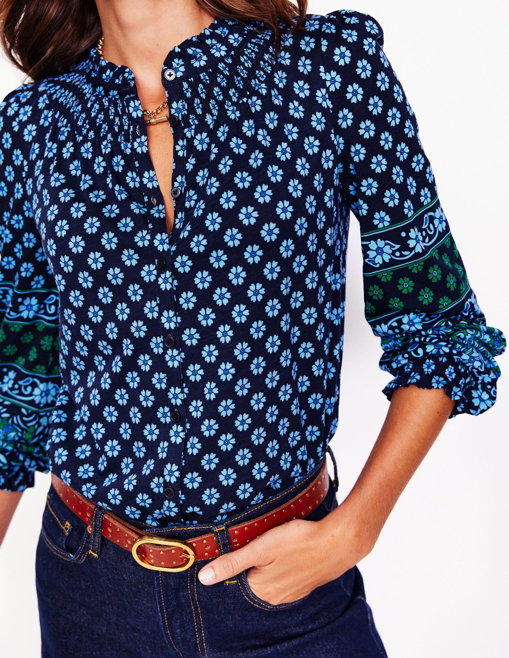 Fay Smocked Jersey Shirt-Dawn Blue, Paisley Posy-2