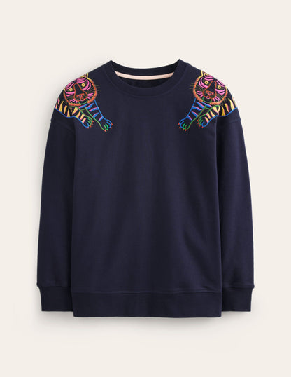 Emi Embroidered Sweatshirt-Navy, Tiger Embroidery