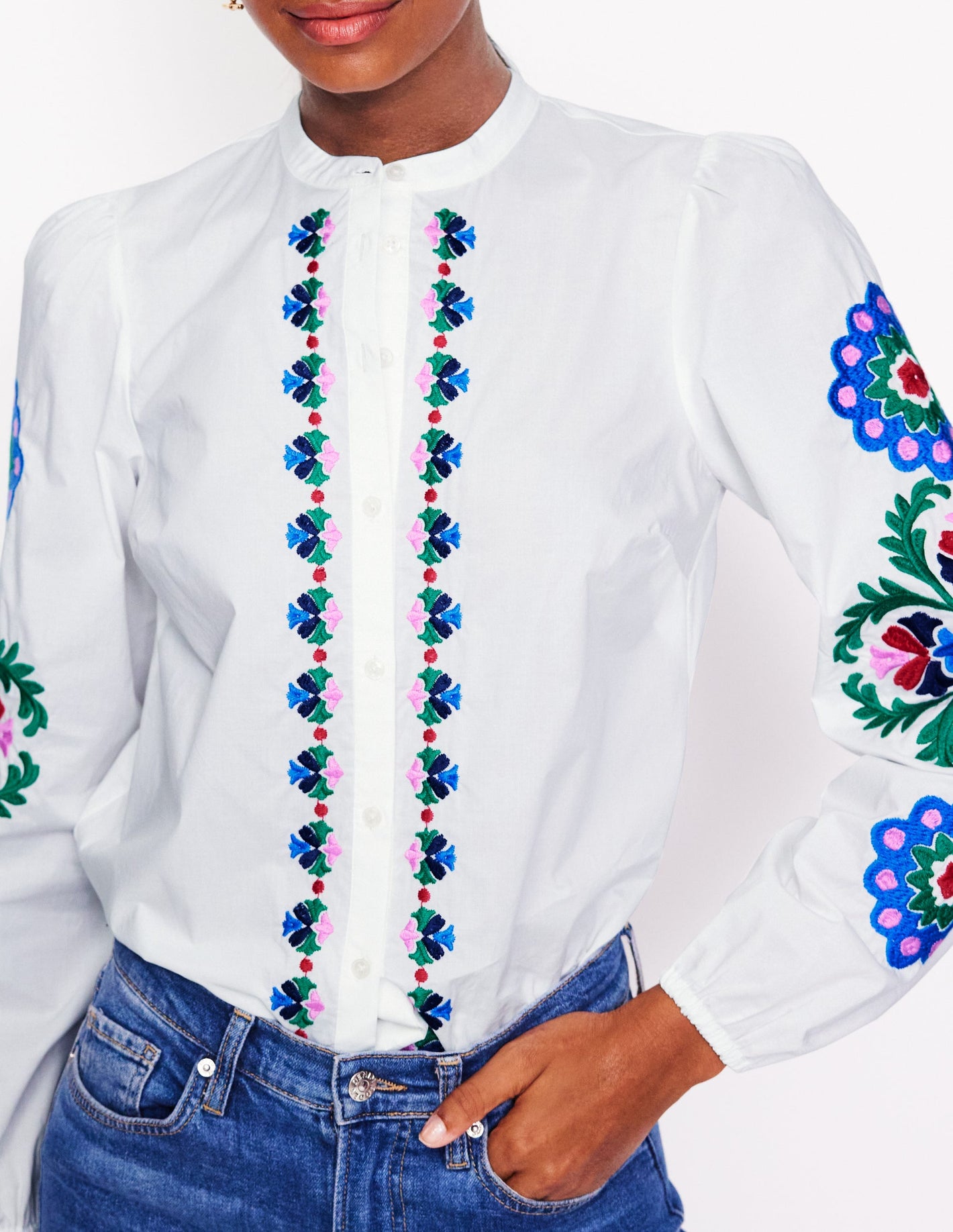 Embroidery Interest Top-White Multi Embroidery