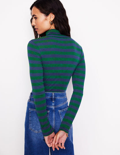 Anna Rib Roll Neck Top-Pine, French Navy