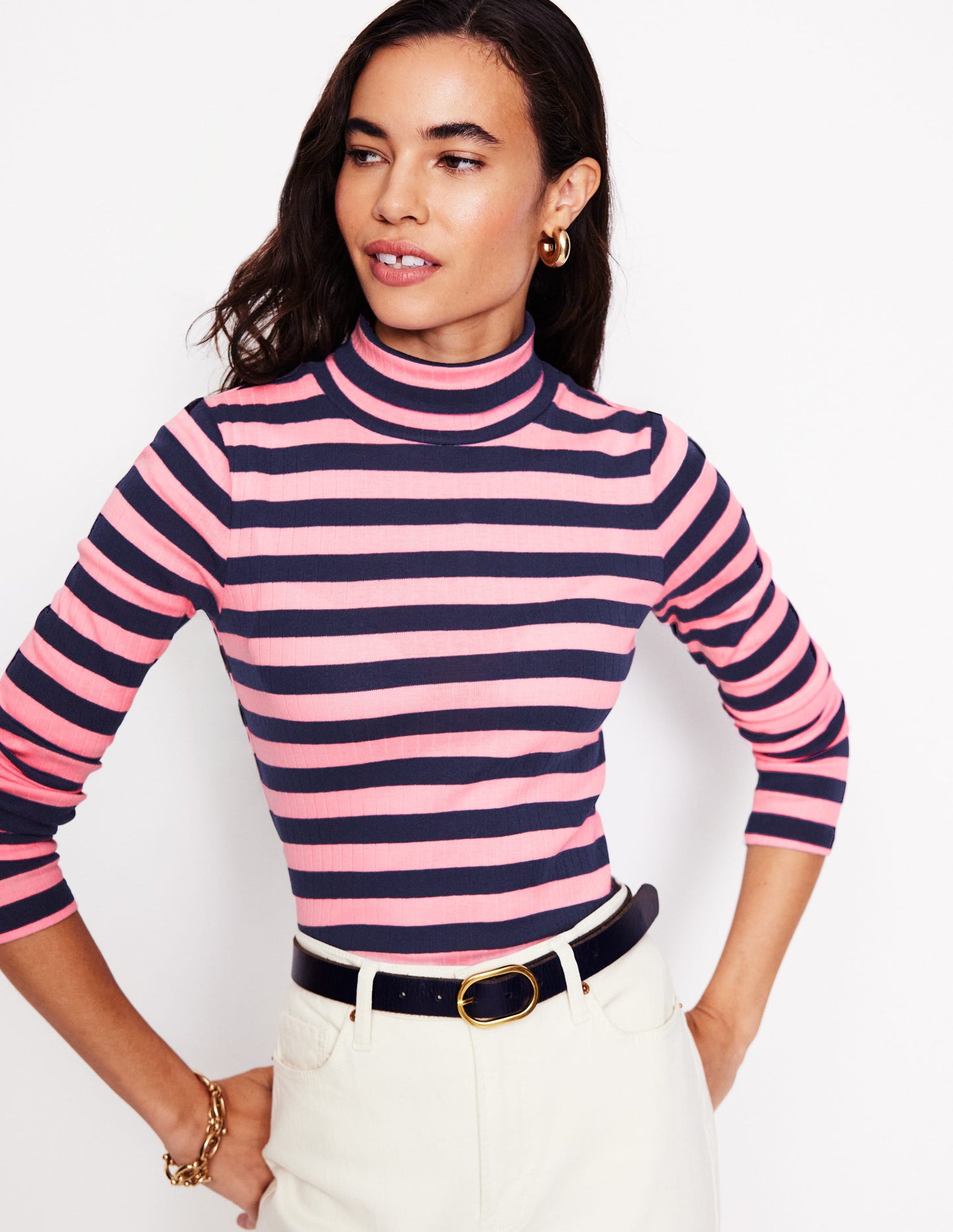 Anna Rib Roll Neck Top-Spring Blossom and French Navy