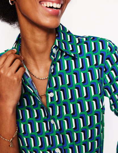 Sienna Cotton Shirt-Green and Blue, Falling Geo