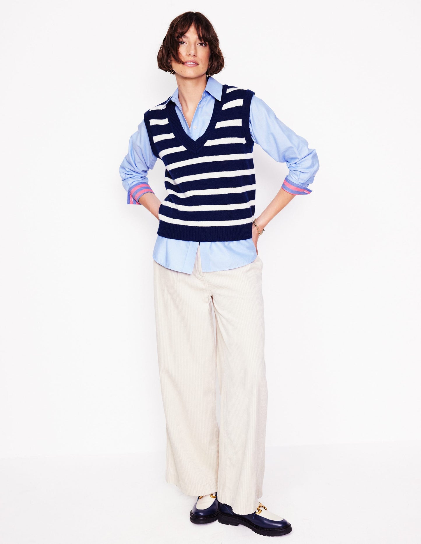 Connie Relaxed Cotton Shirt-Blue Oxford, Placement Stripe