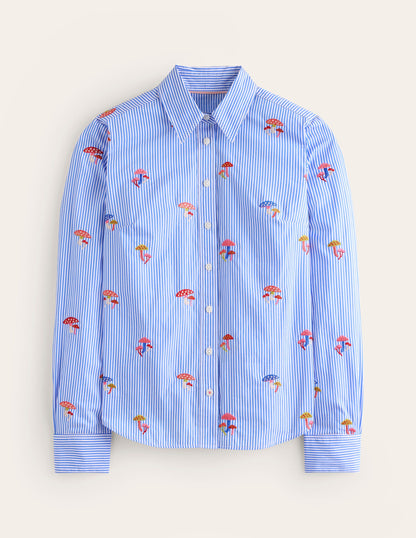 Sienna Embroidered Shirt-Mushroom, Blue Stripe