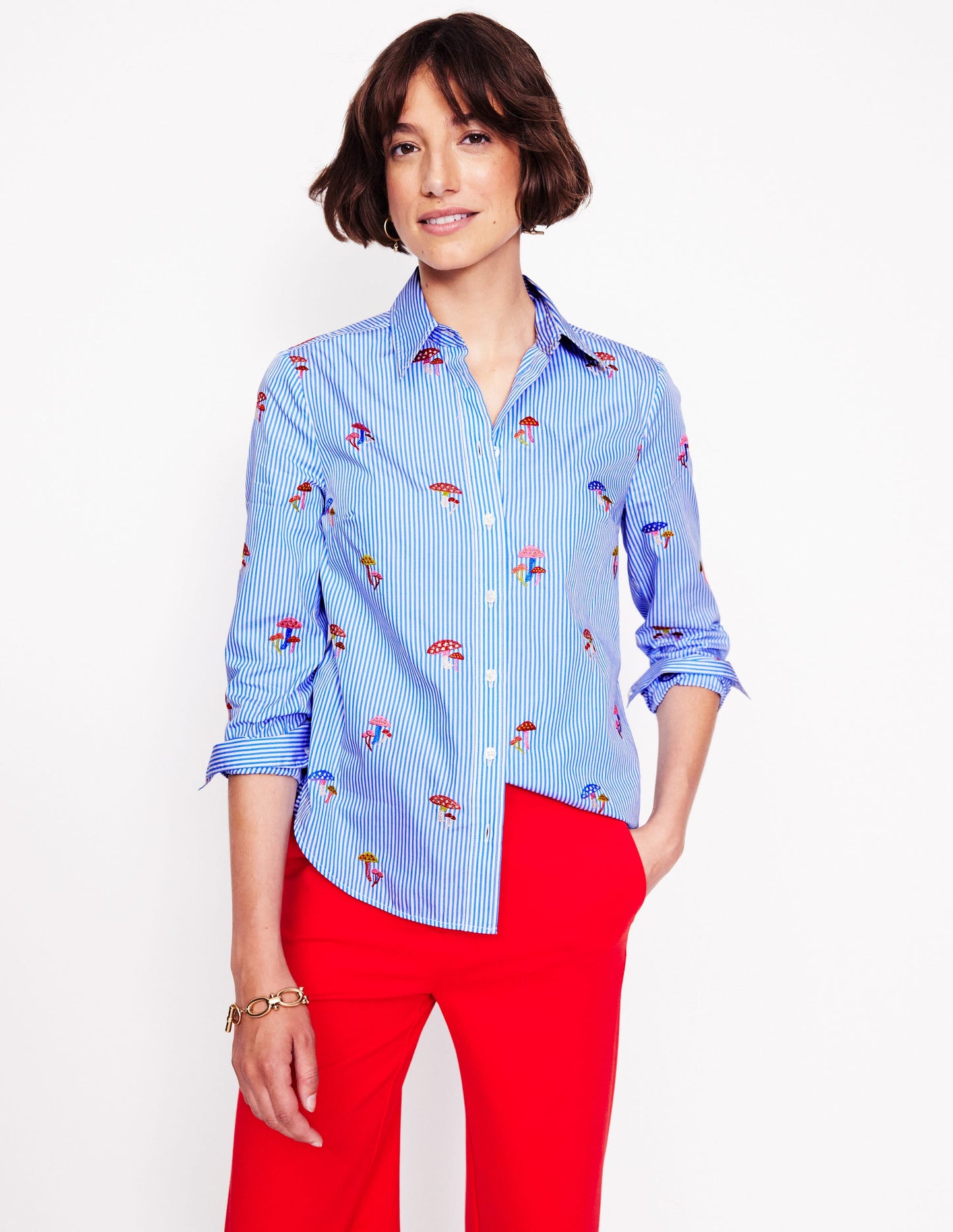 Sienna Embroidered Shirt-Mushroom, Blue Stripe