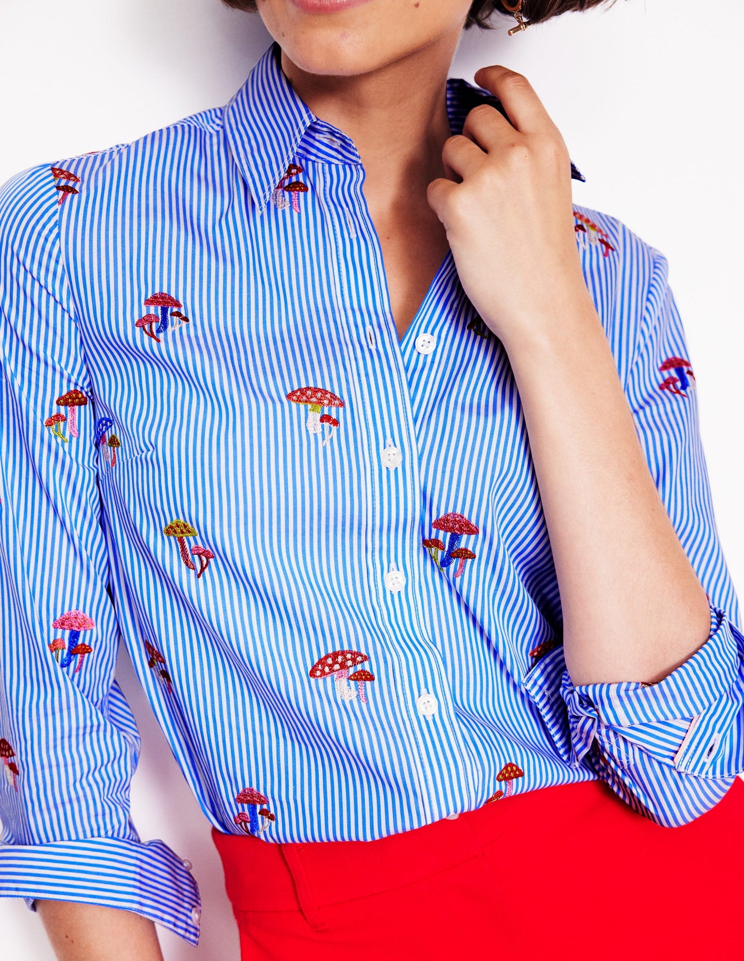 Sienna Embroidered Shirt-Mushroom, Blue Stripe