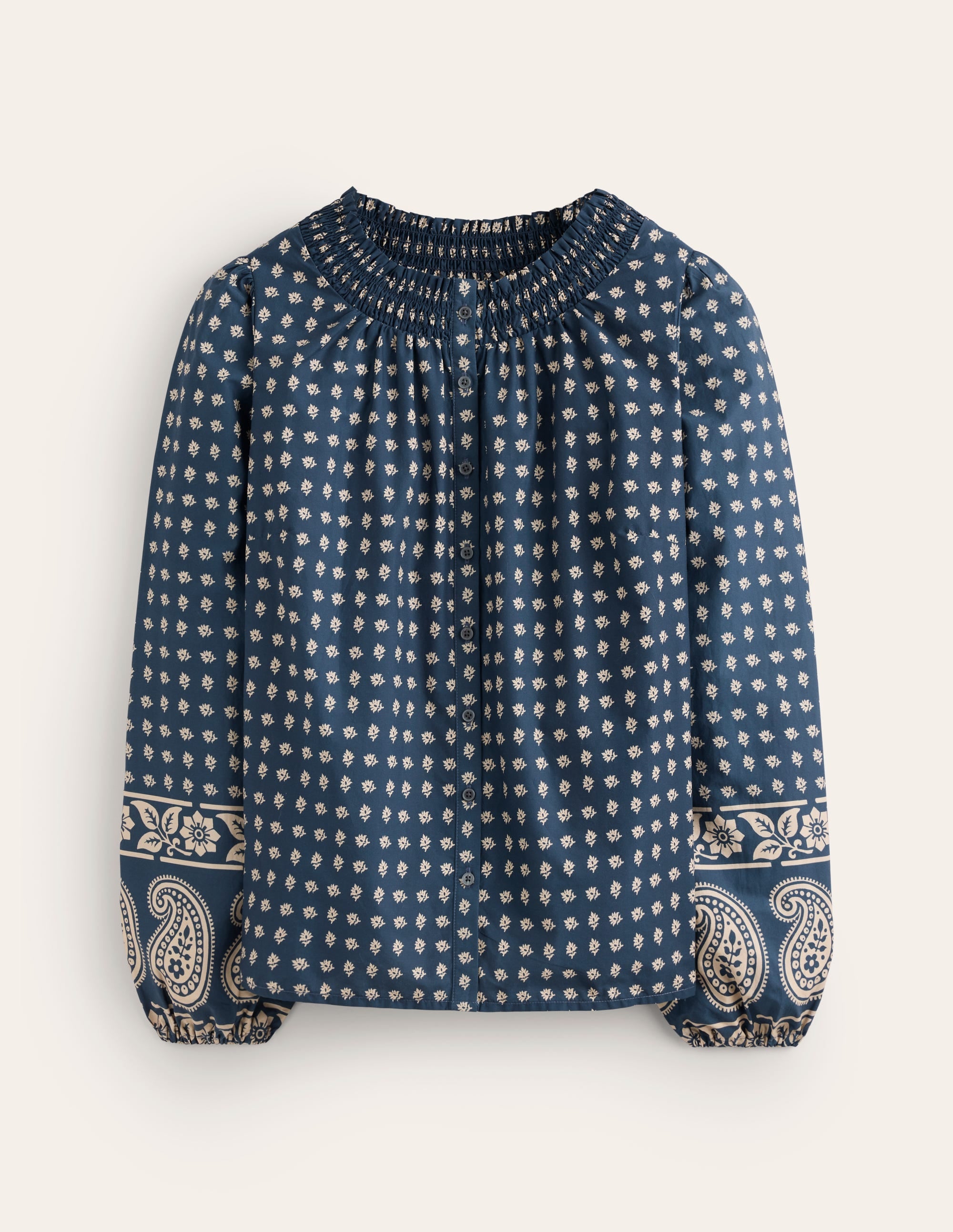 Mae Cotton Smocked Blouse-Denim Blue, Decorative Sprig - Image 6
