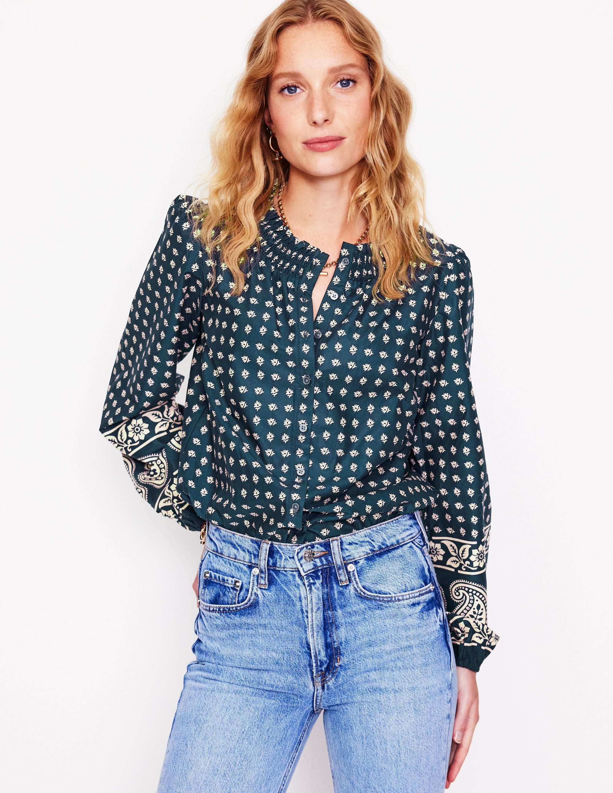 Mae Cotton Smocked Blouse-Denim Blue, Decorative Sprig - Image 1