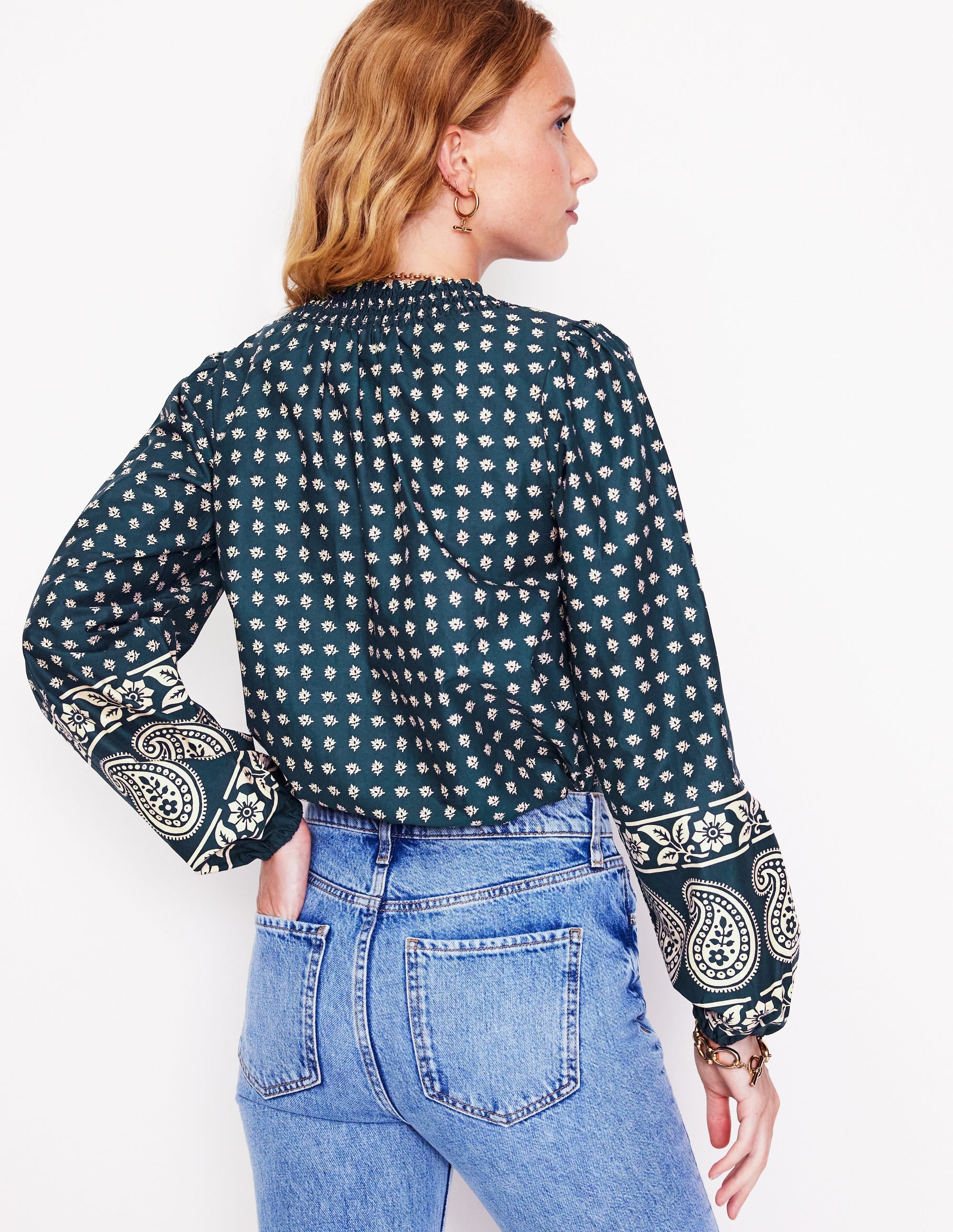 Mae Cotton Smocked Blouse-Denim Blue, Decorative Sprig - Image 3
