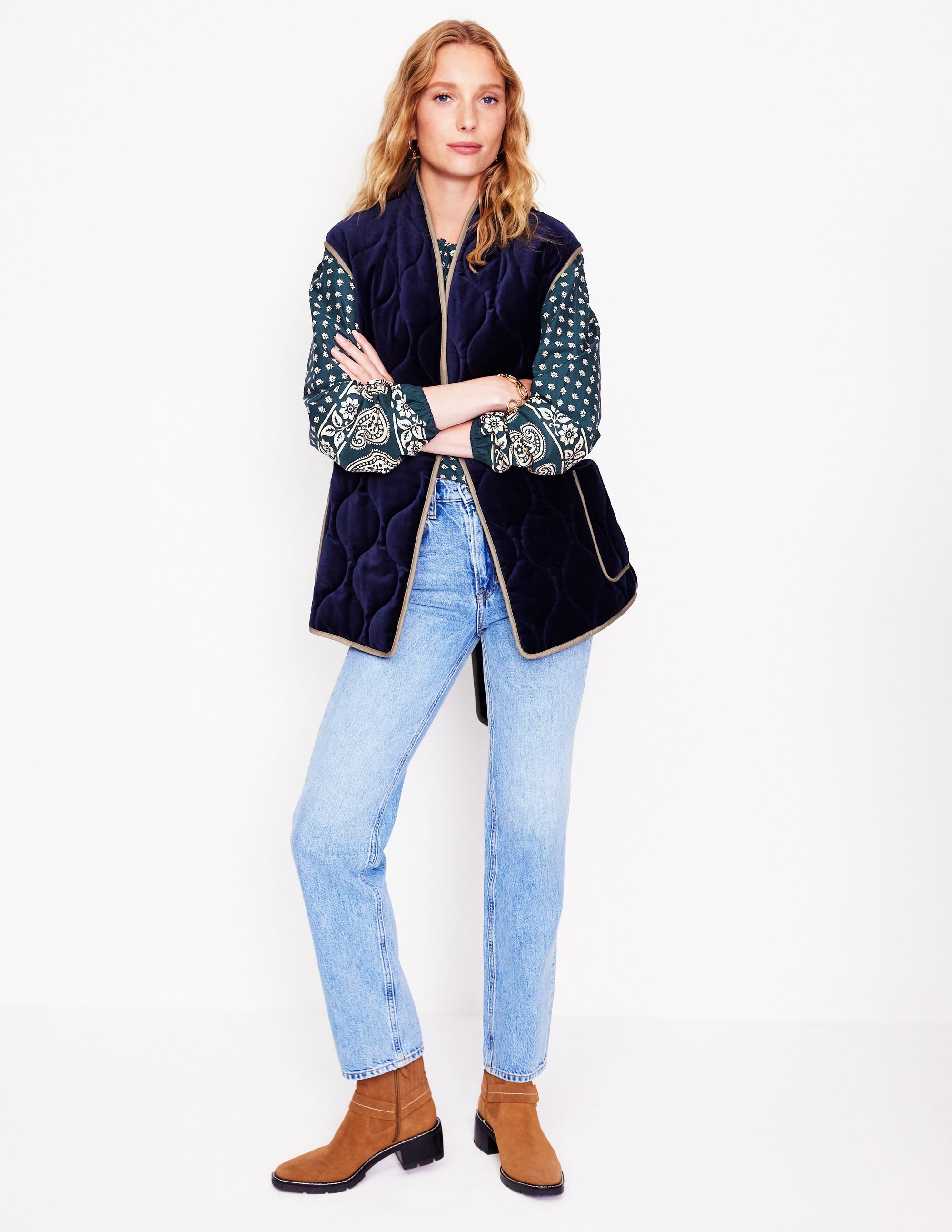 Mae Cotton Smocked Blouse-Denim Blue, Decorative Sprig - Image 4