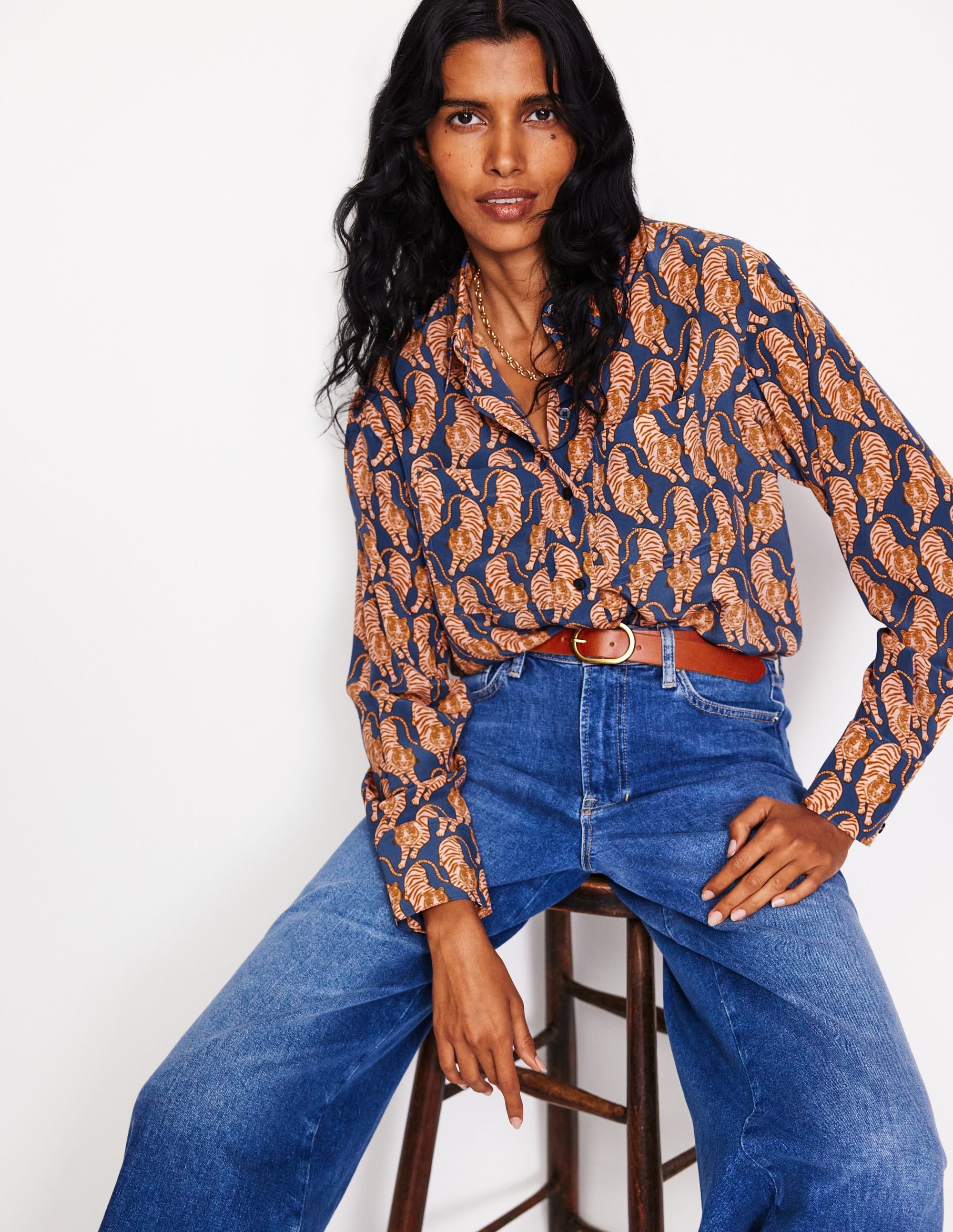 Connie Relaxed Silk Shirt-Denim Blue, Tiger - Image 1