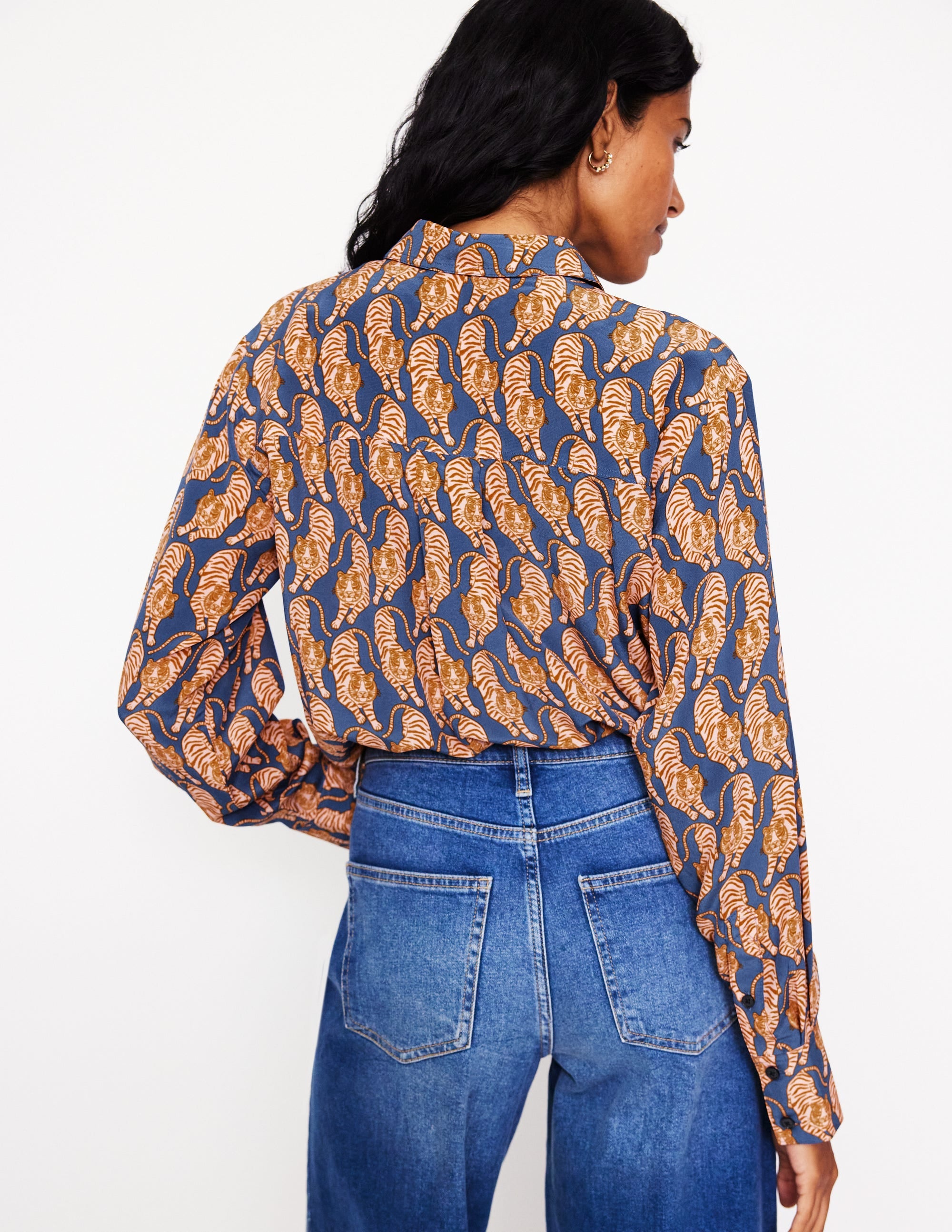 Connie Relaxed Silk Shirt-Denim Blue, Tiger - Image 3