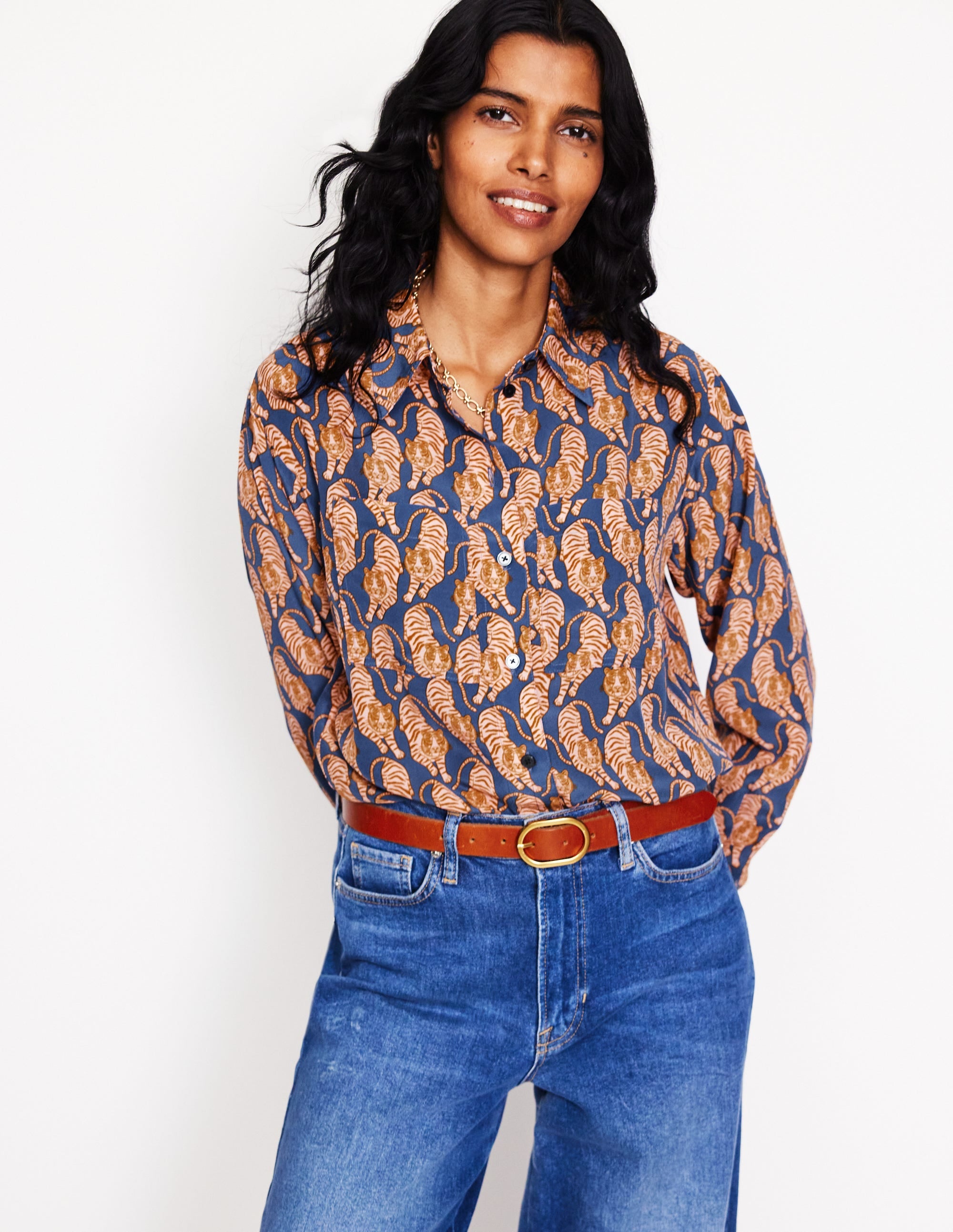 Connie Relaxed Silk Shirt-Denim Blue, Tiger - Image 4