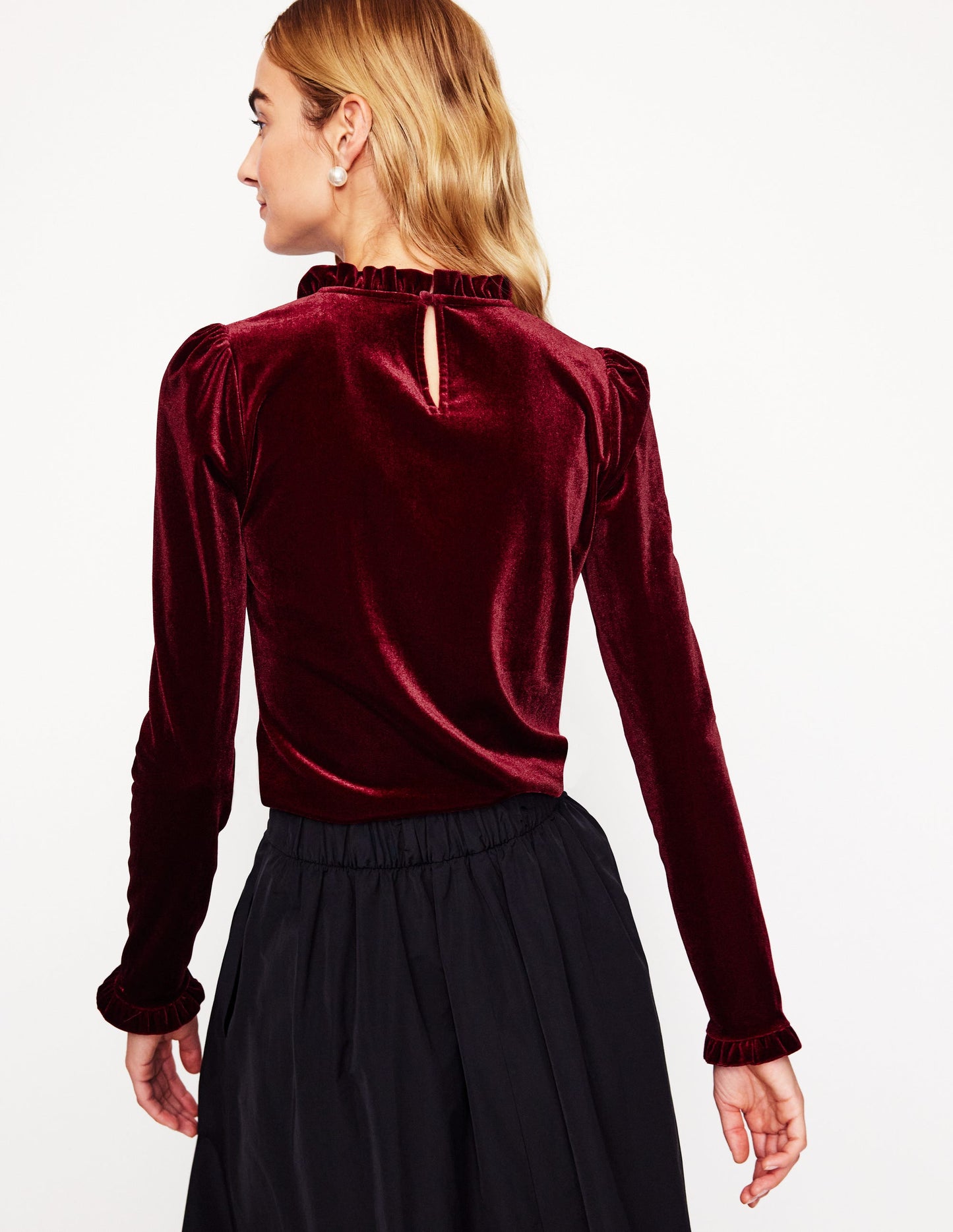 Velvet Frill Neck Top-Cabernet