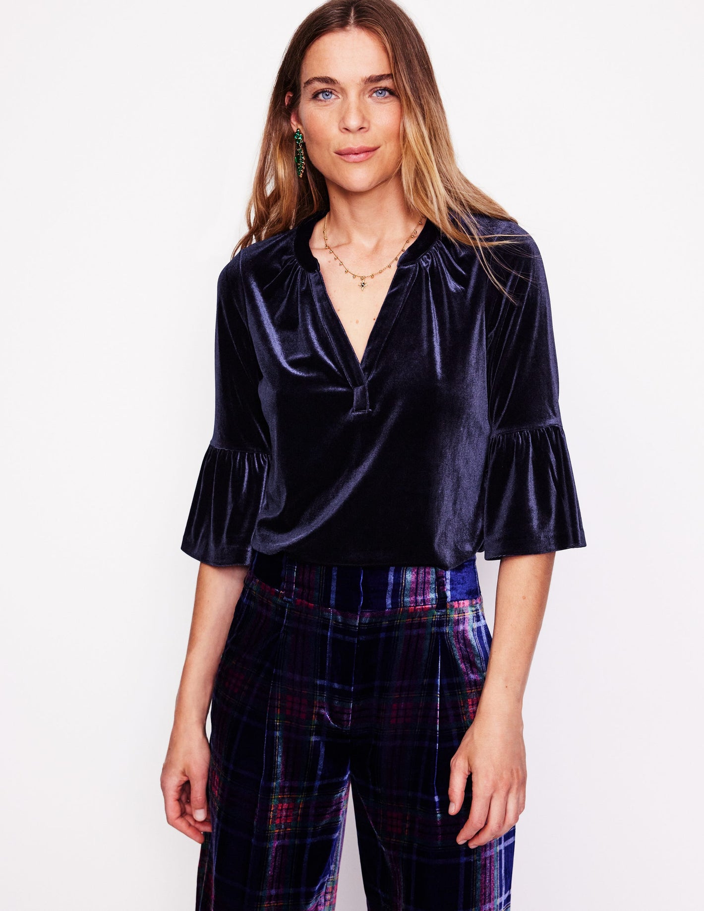 Notch Neck Frill Velvet Top-Navy