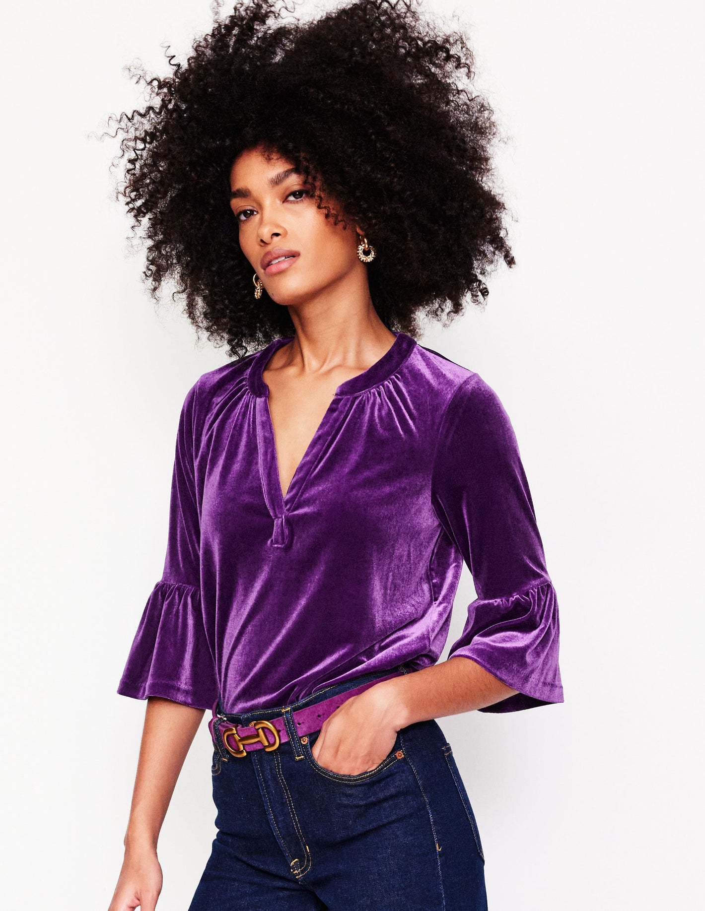 Notch Neck Frill Velvet Top-Viola