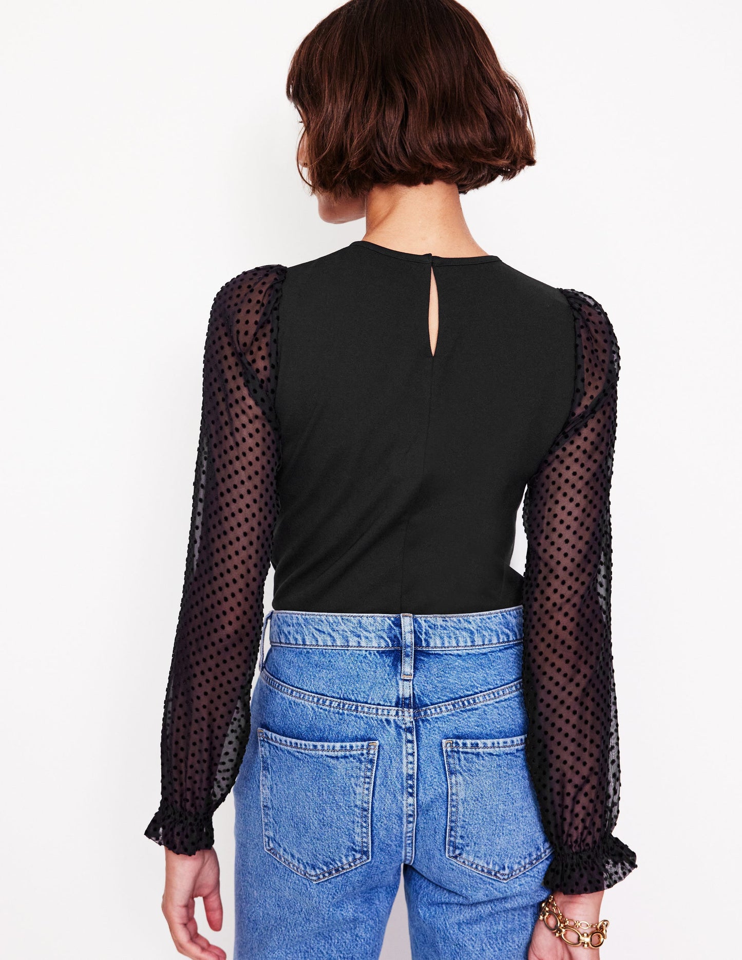 Crew Neck Sleeve Detail Top-Black