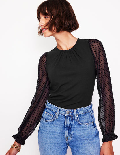 Crew Neck Sleeve Detail Top-Black