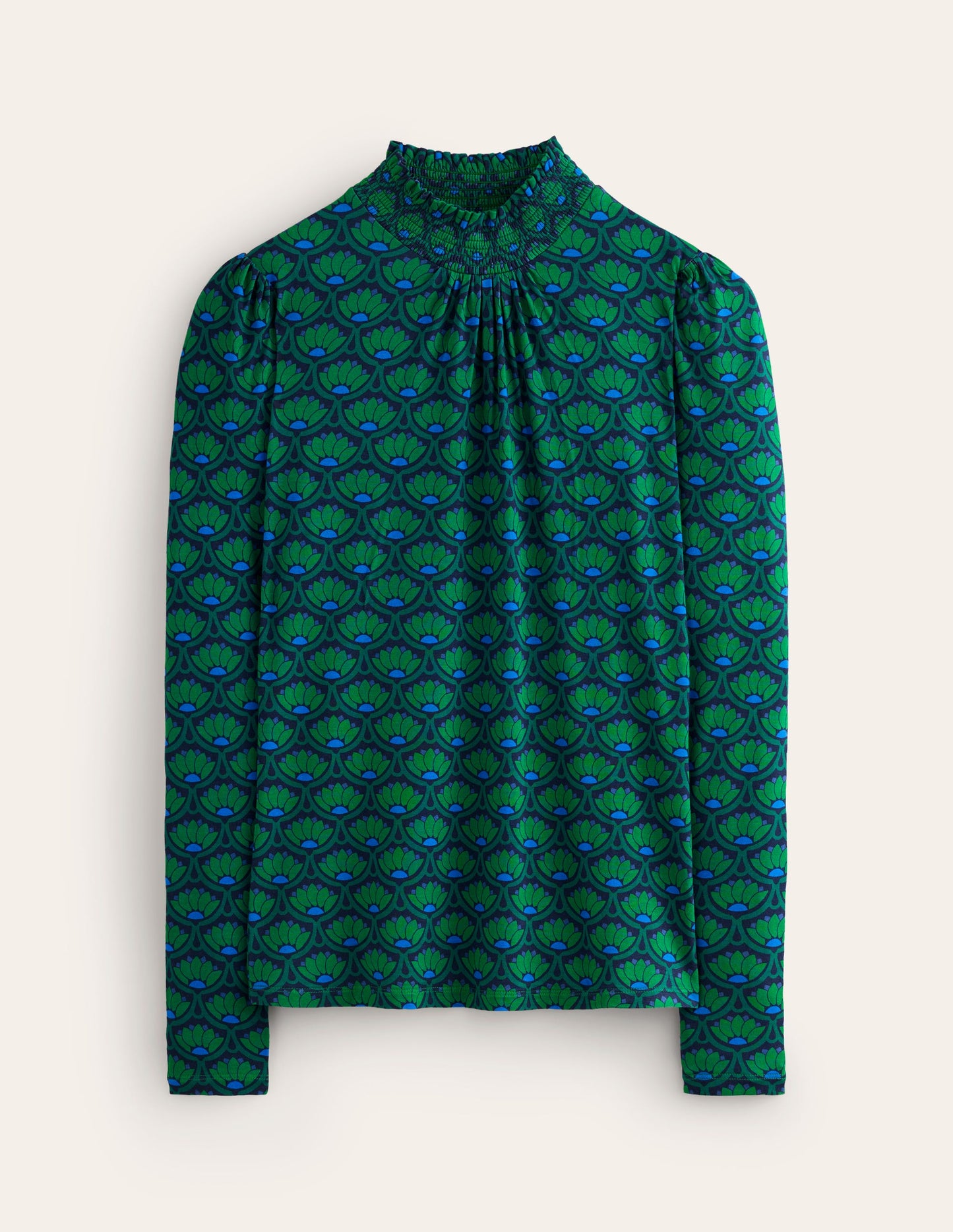 Smocked Neck Printed Top-Emerald, Lotus Stamp