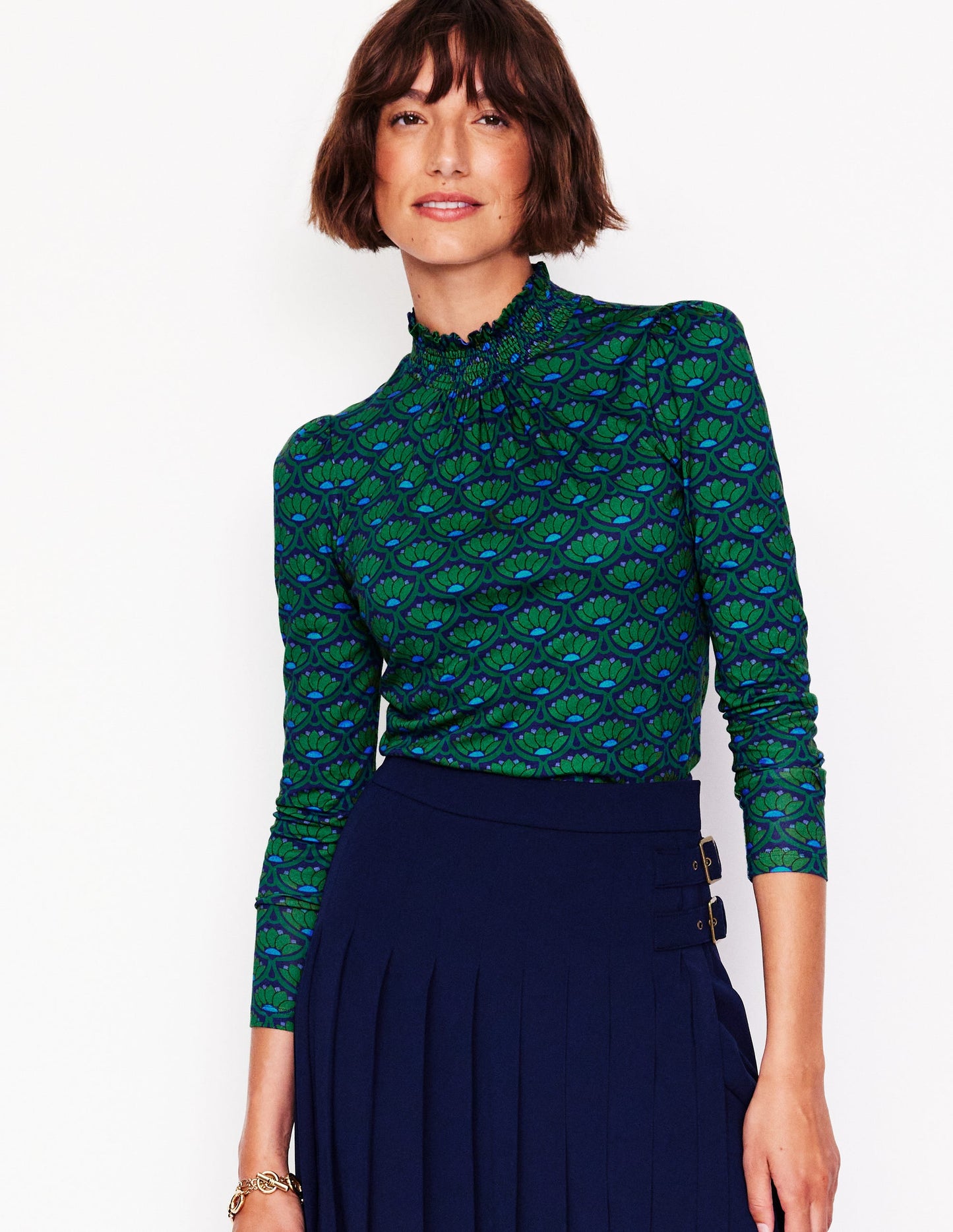 Smocked Neck Printed Top-Emerald, Lotus Stamp