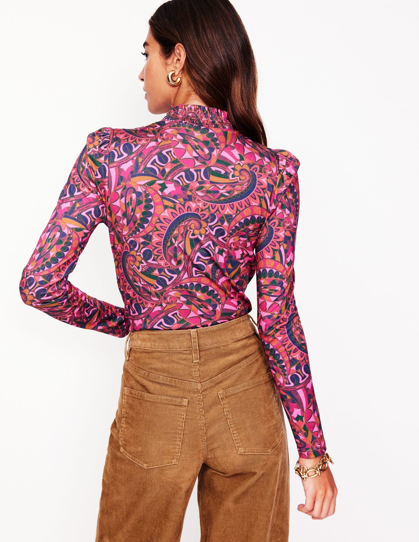 Smocked Neck Printed Top-Jam, Kaleidoscopic Paisley