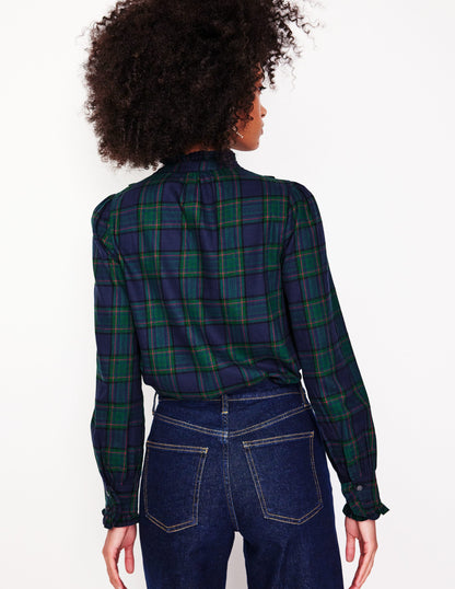 Isla Frill Detail Blouse-Navy and Green Check