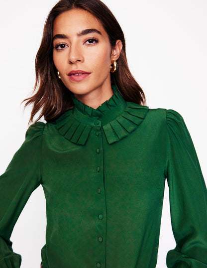 Ruffle Collar Silk Blouse-Pine