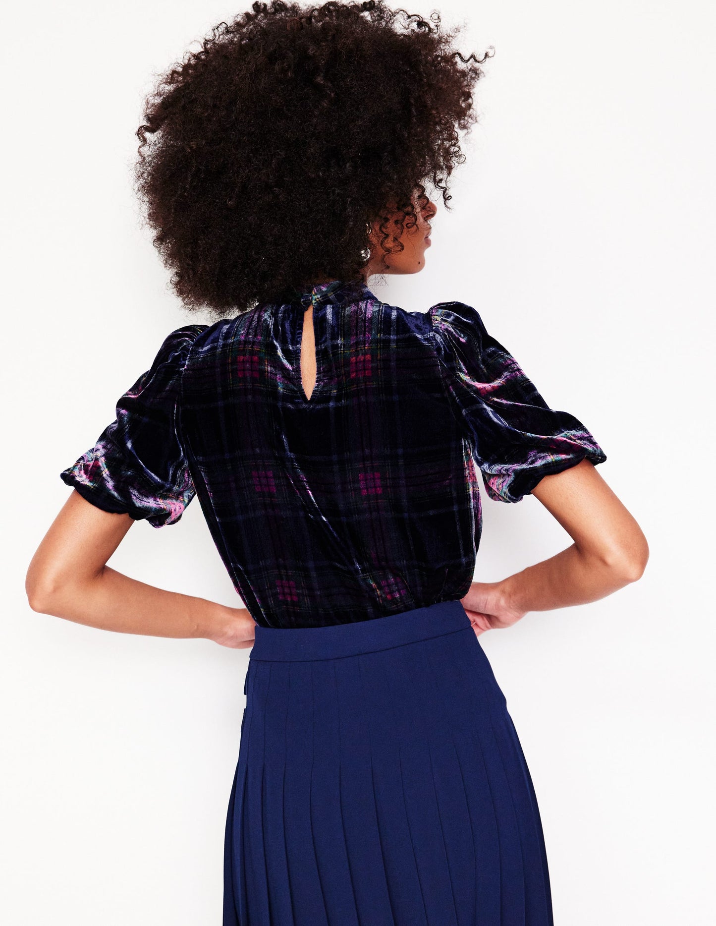 Puff Sleeve Velvet Top-Navy and Red Check