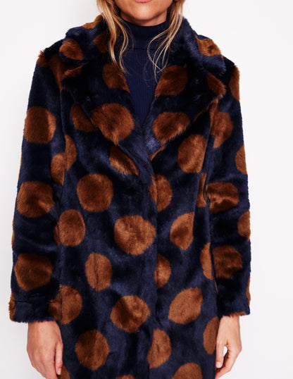 Spot Faux-Fur Midi Coat-Navy & Brown Spot