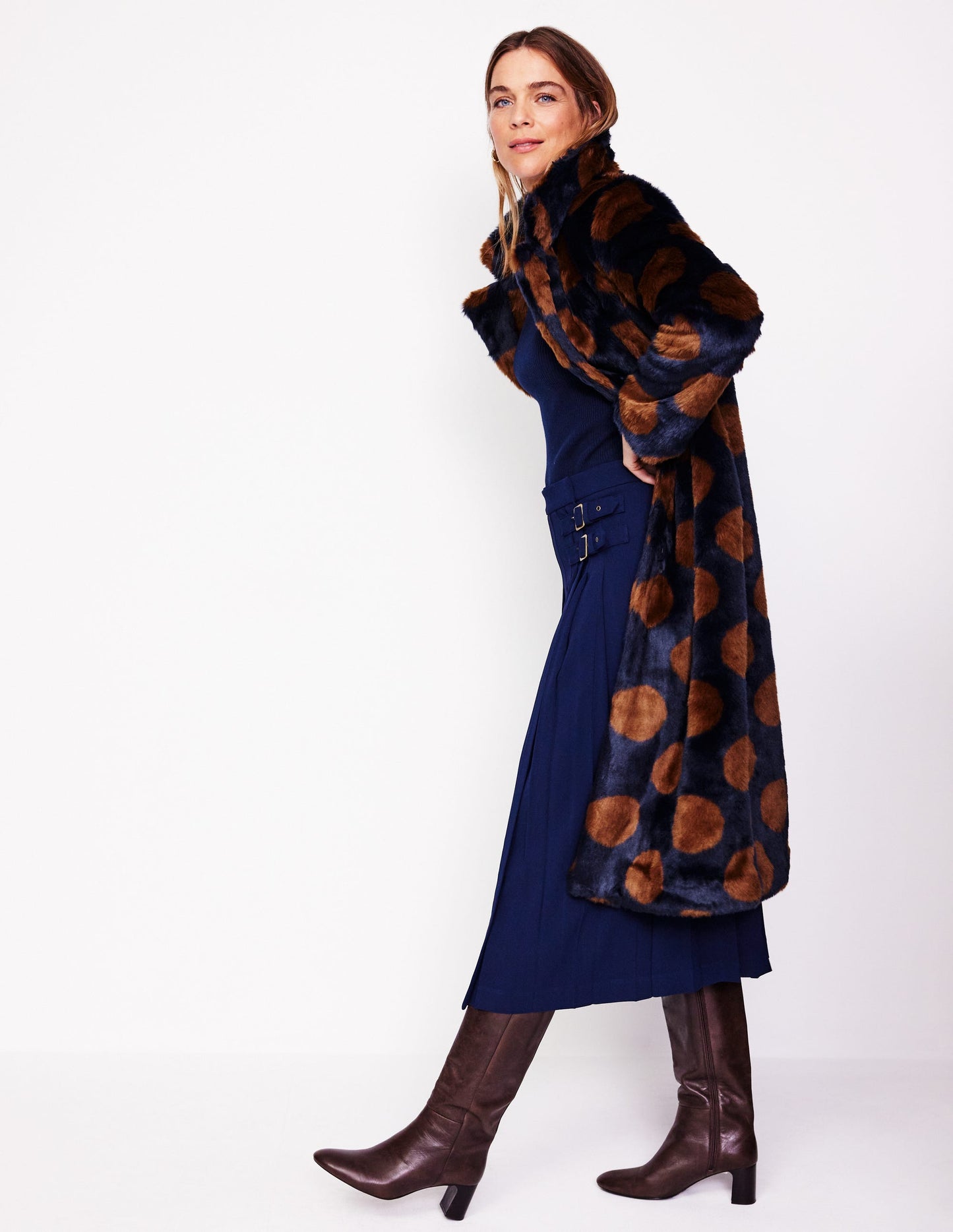 Spot Faux-Fur Midi Coat-Navy & Brown Spot