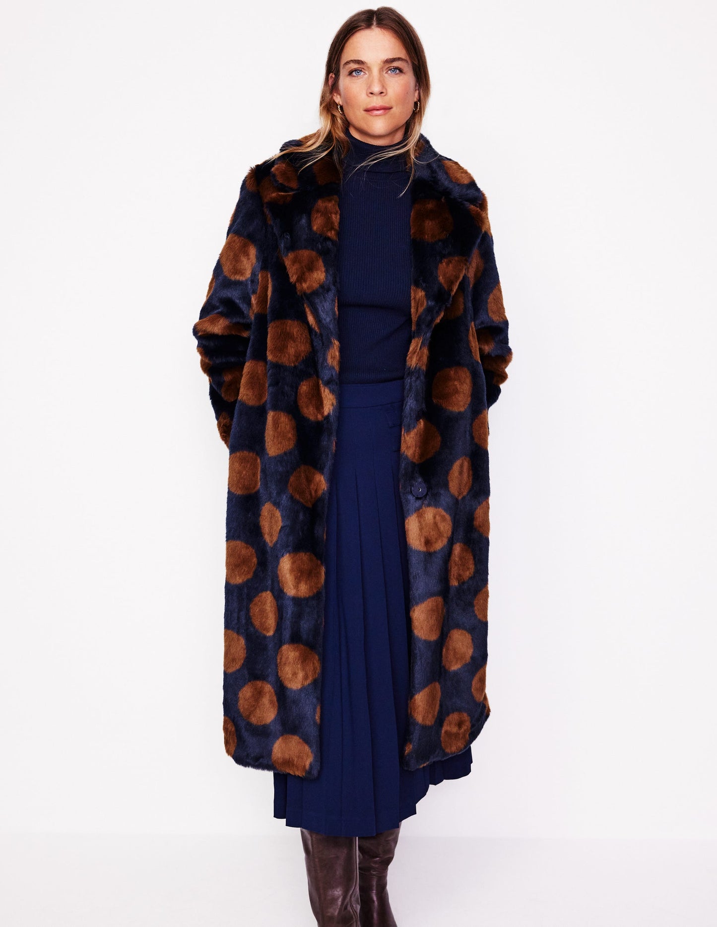 Spot Faux-Fur Midi Coat-Navy & Brown Spot