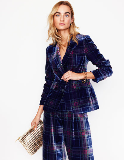 Fluid Velvet Blazer-Navy and Red Check