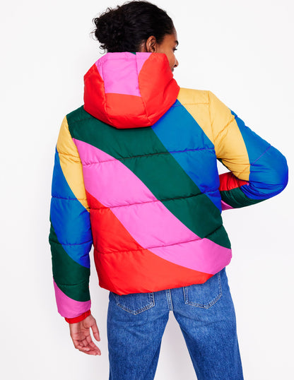 Hooded Puffer Coat-Rainbow Wave