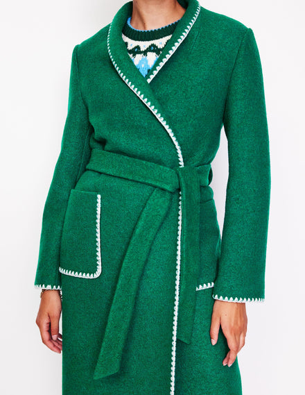 Blanket Stitch Wrap Coat-Alpine Green