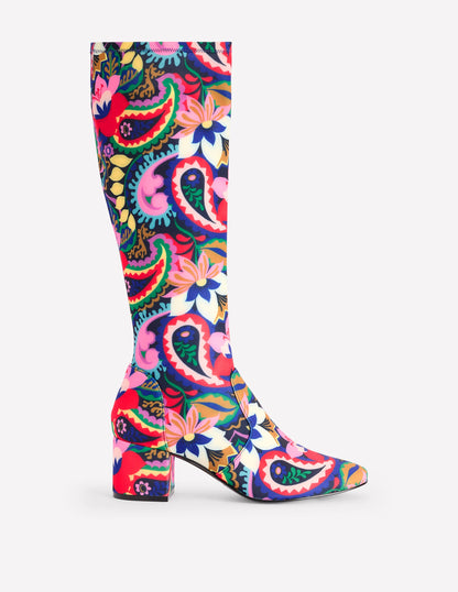 Heeled Stretch Knee Boots-Multi, Botanical Paisley