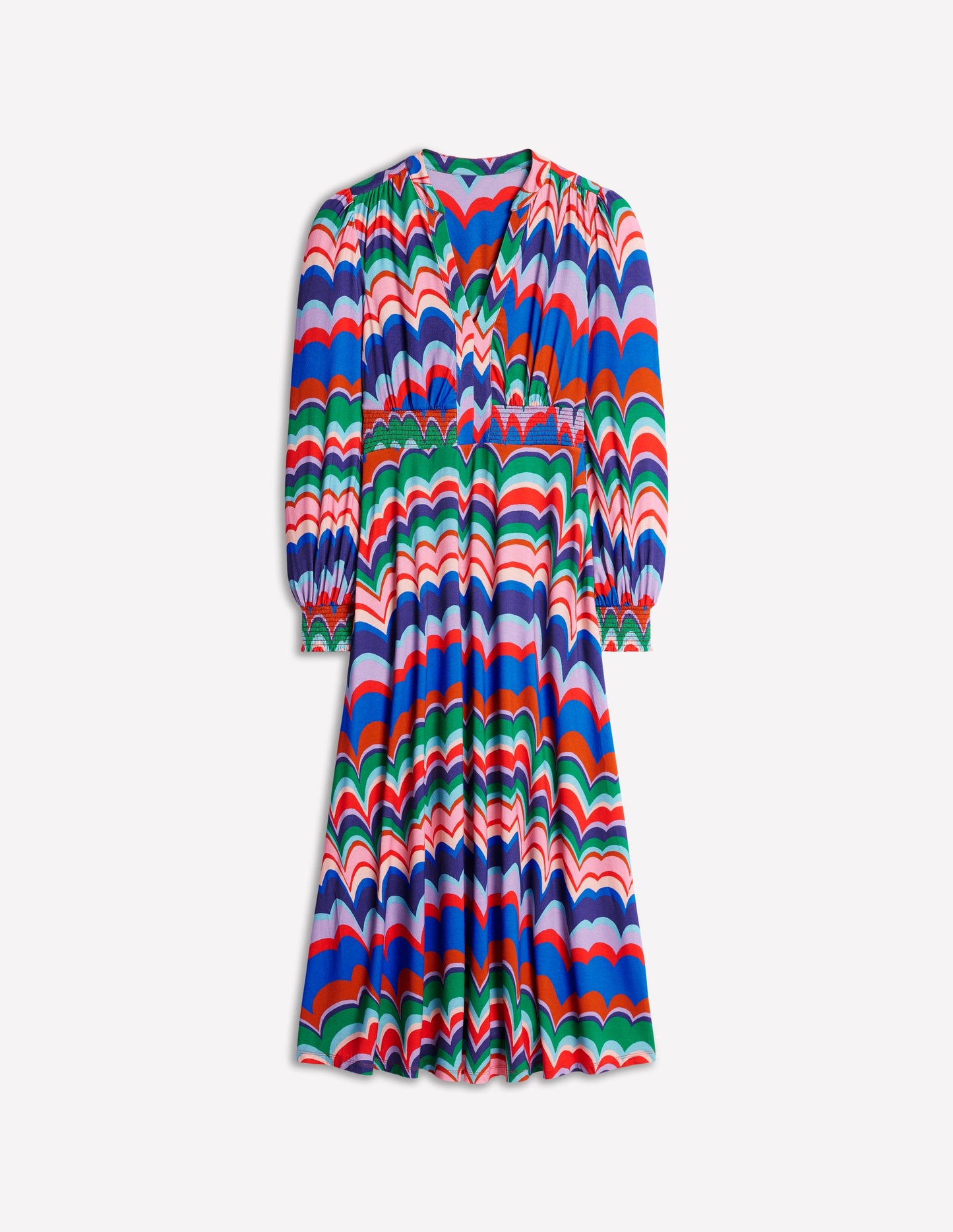 Ivy Smocked Midi Dress-Multi, Abstract Wave