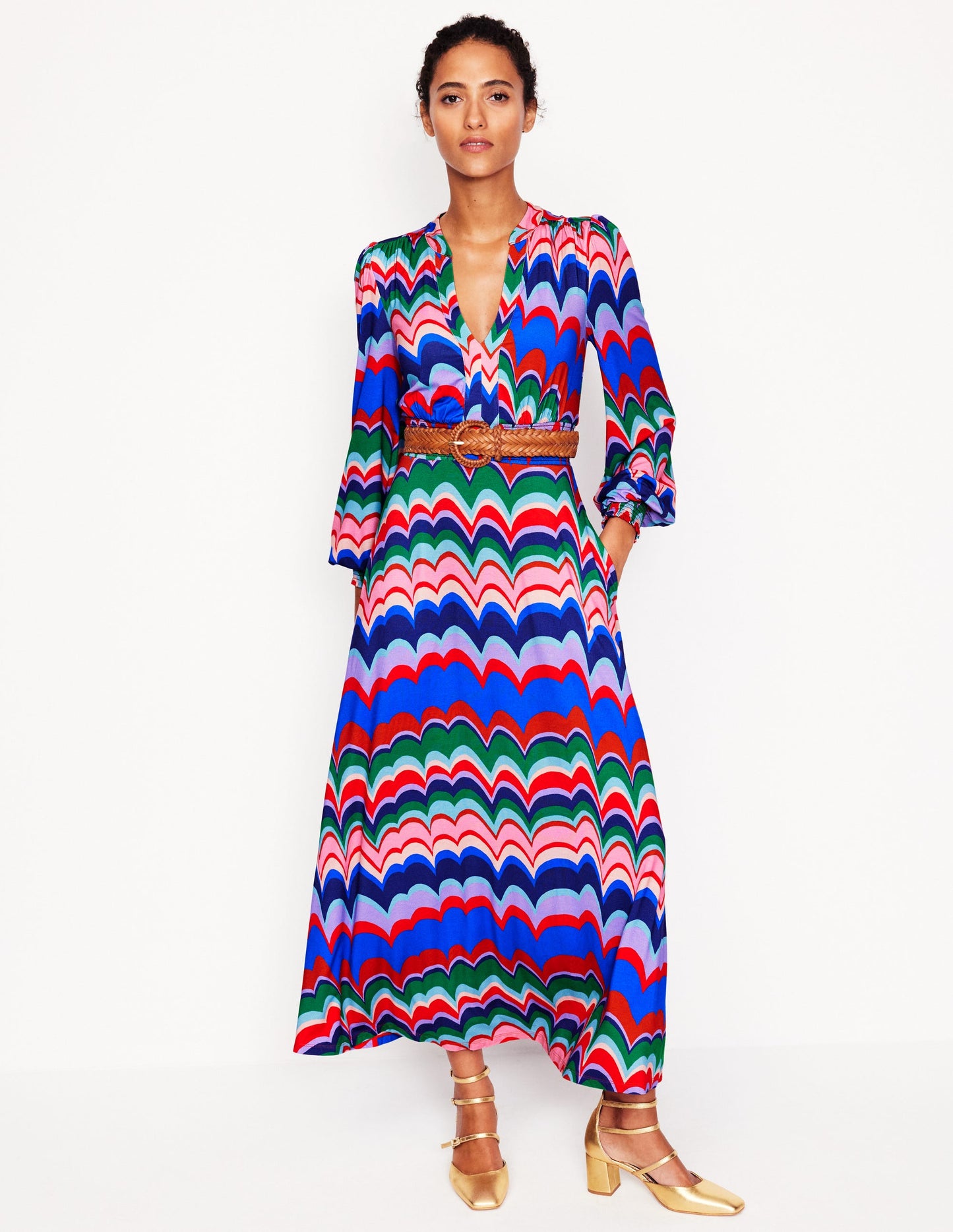 Ivy Smocked Midi Dress-Multi, Abstract Wave