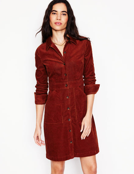 Flora Cord Shirt Dress-Cognac