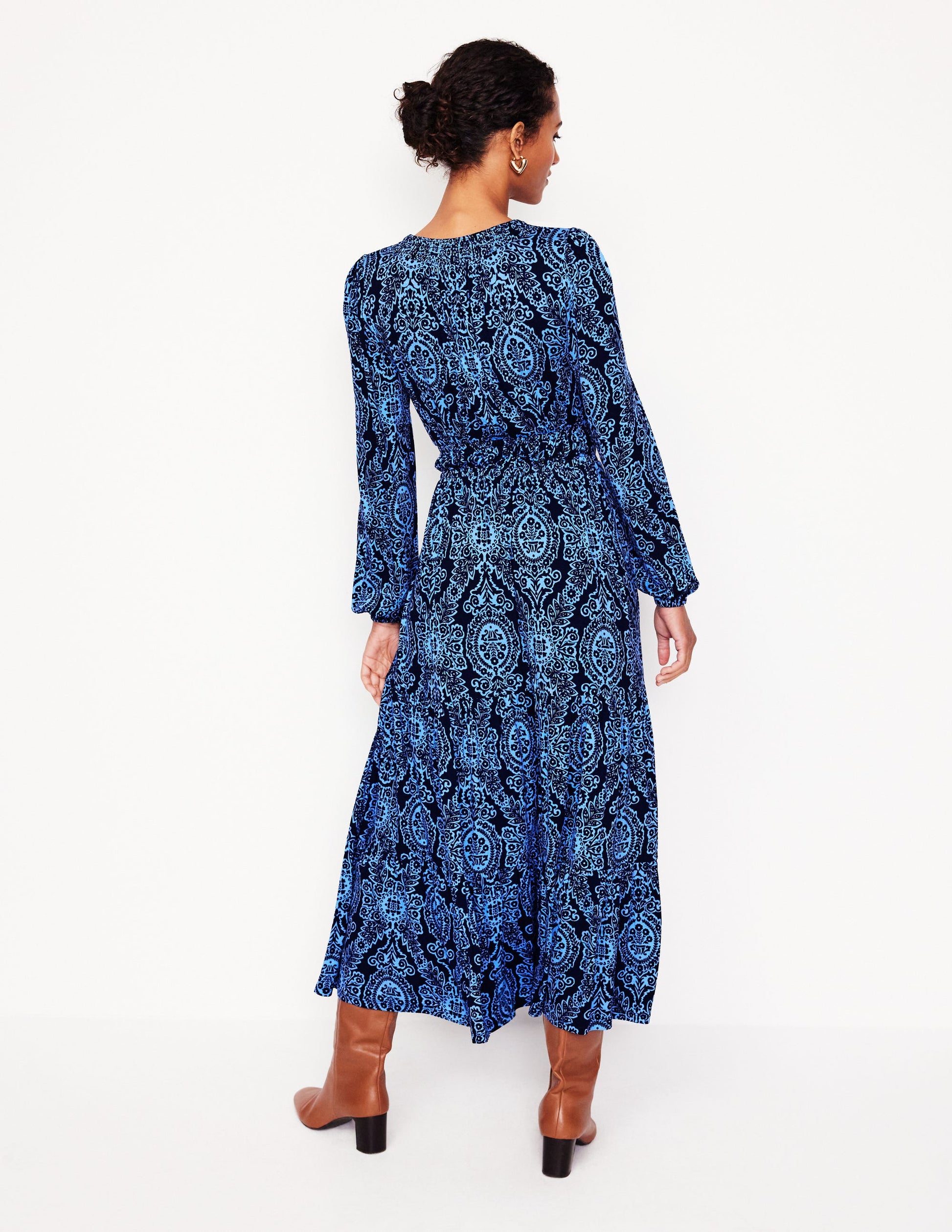 Smock Tiered Jersey Midi Dress-Forget-me-not, Opulent Vine-3