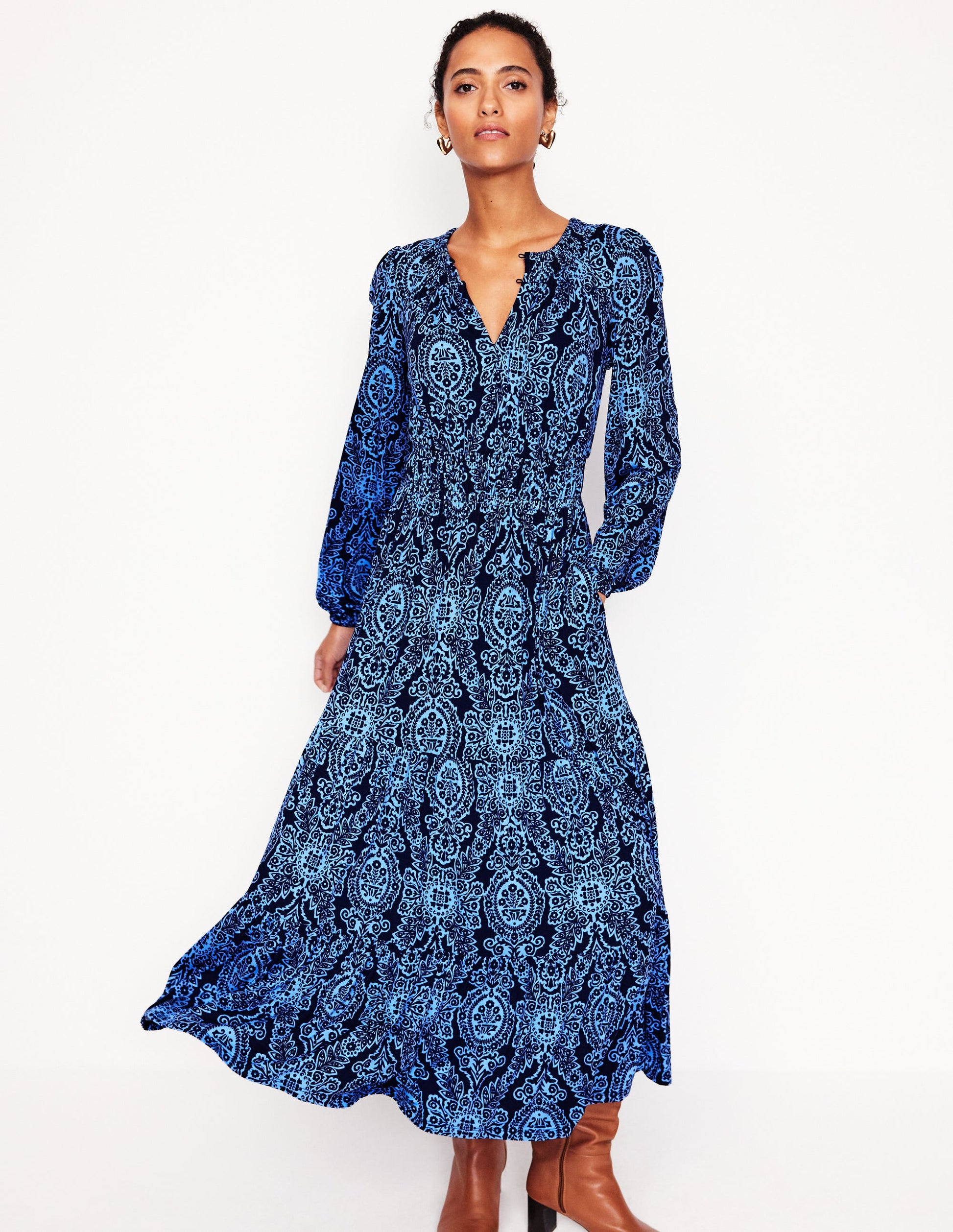 Smock Tiered Jersey Midi Dress-Forget-me-not, Opulent Vine-4