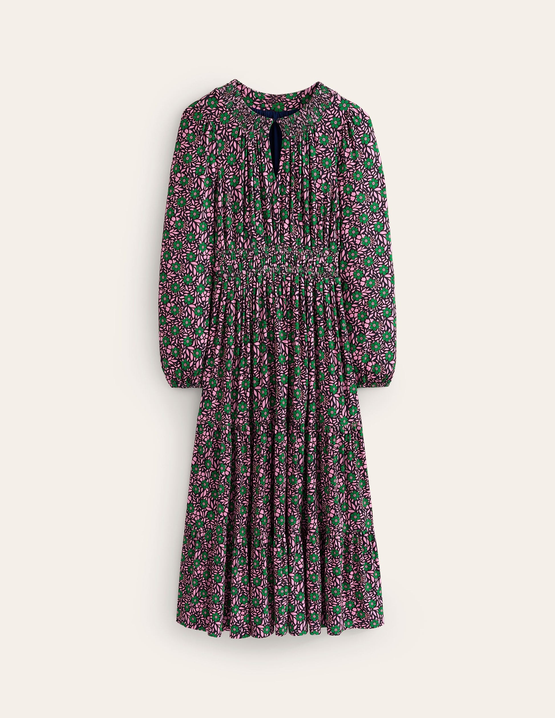 Smock Tiered Jersey Midi Dress-Sherbet, Foliage Cluster-5