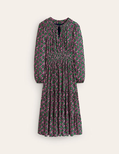 Smock Tiered Jersey Midi Dress-Sherbet, Foliage Cluster-5