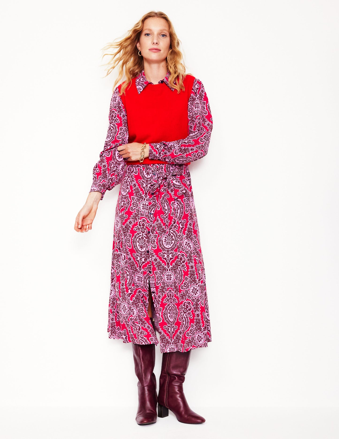 Martha Godet Maxi Shirt Dress-Bright Ruby, Opulent Vine