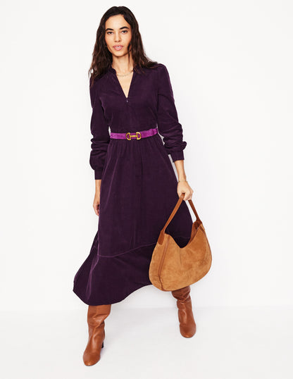 Zoe Zip Up Cord Midi Dress -Damson