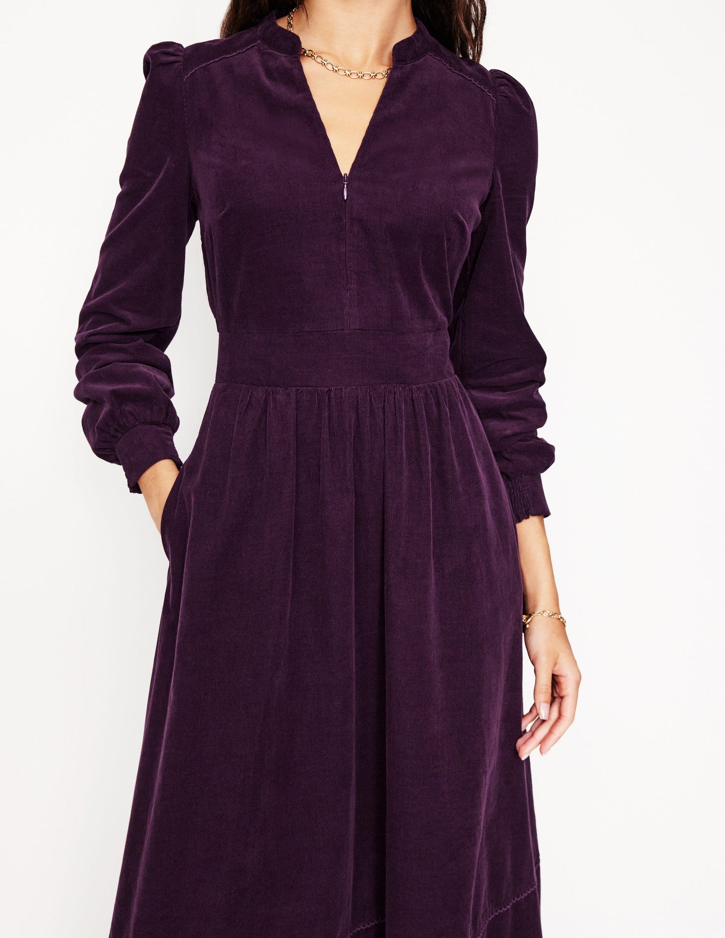 Zoe Zip Up Cord Midi Dress -Damson