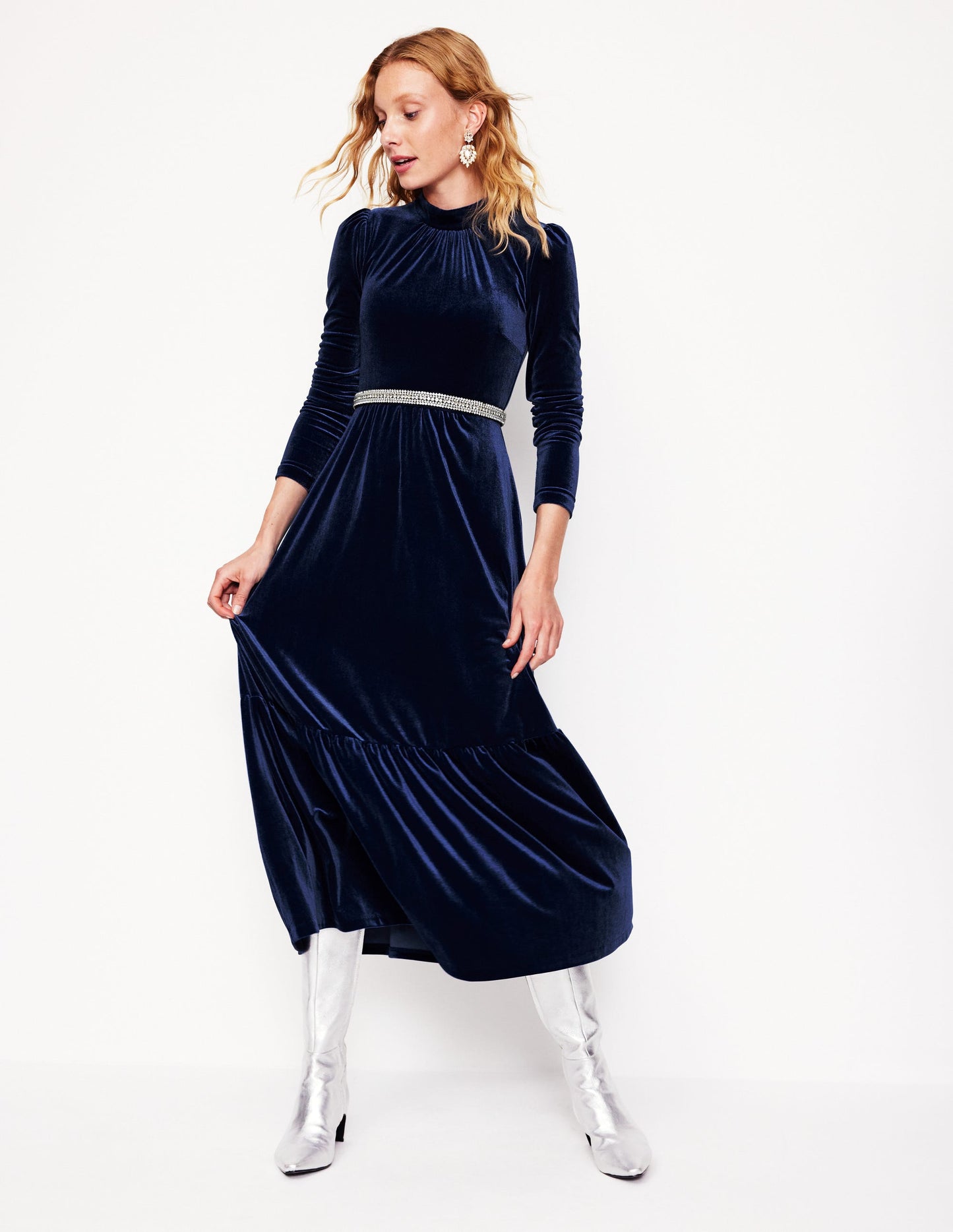 High Neck Tiered Velvet Dress-Night Blue