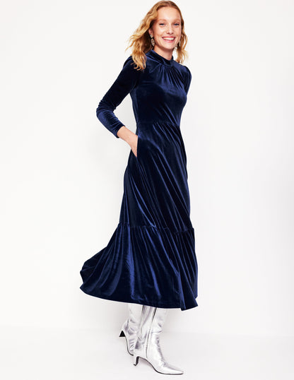 High Neck Tiered Velvet Dress-Night Blue