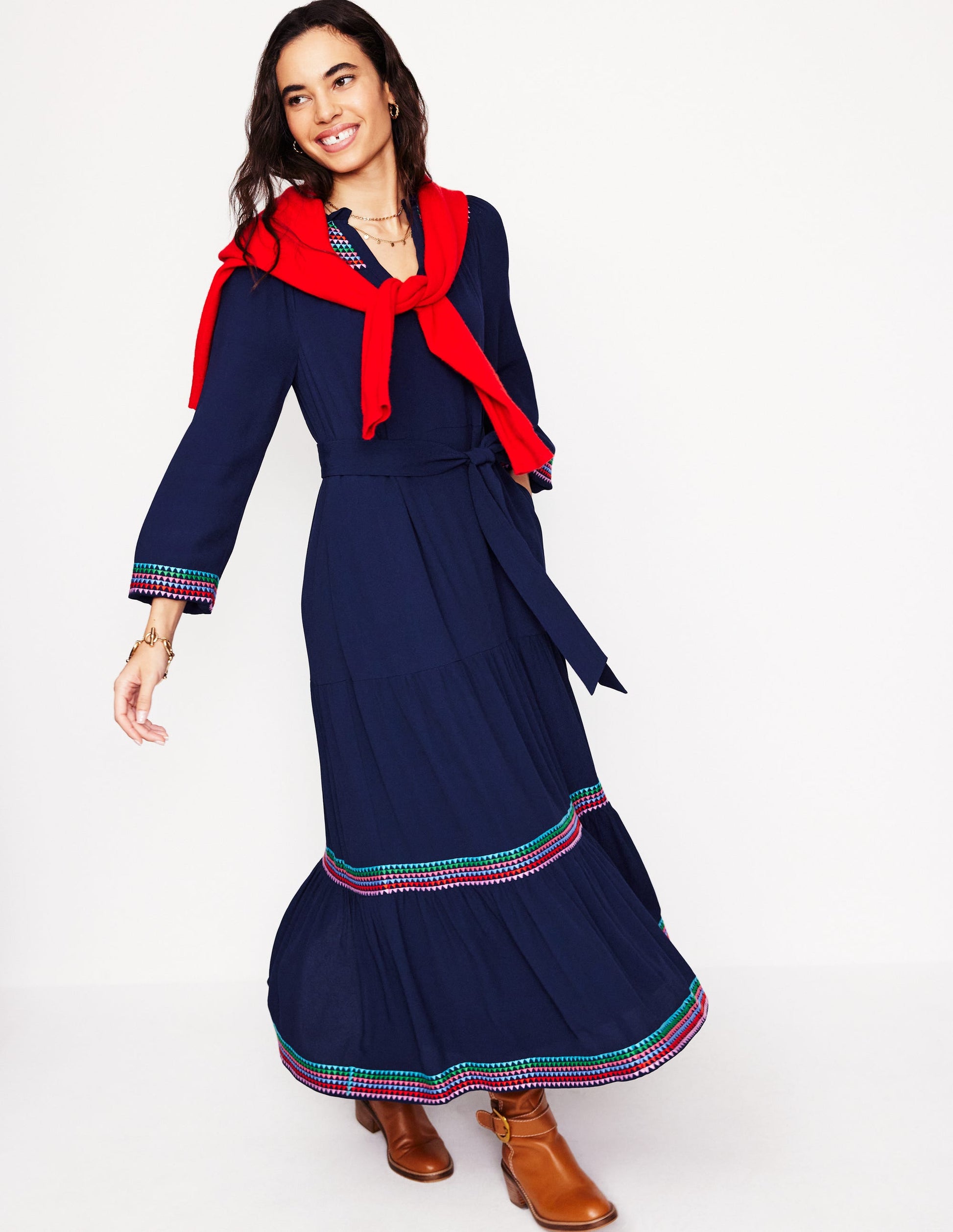 Embroidered Yoke Midi Dress-Navy-1